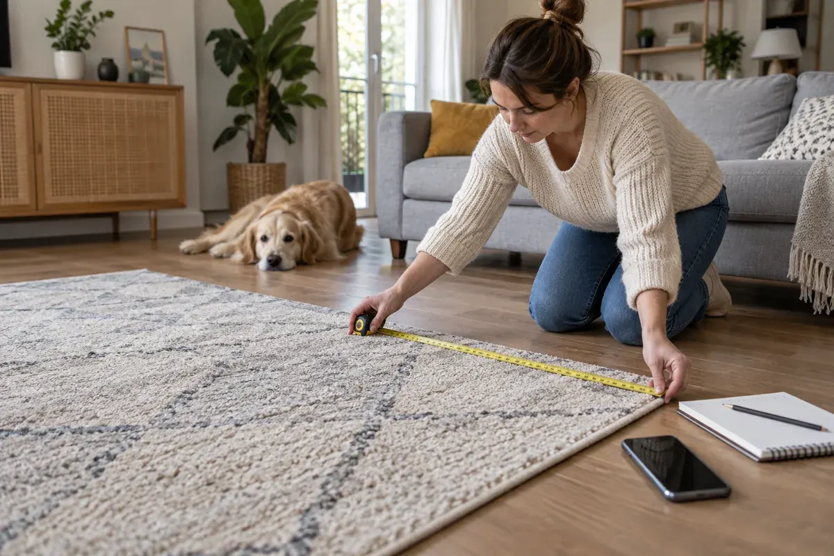 Mesurer le tapis pour le devis Une personne mesure un tapis à l’aide d’un mètre ruban.