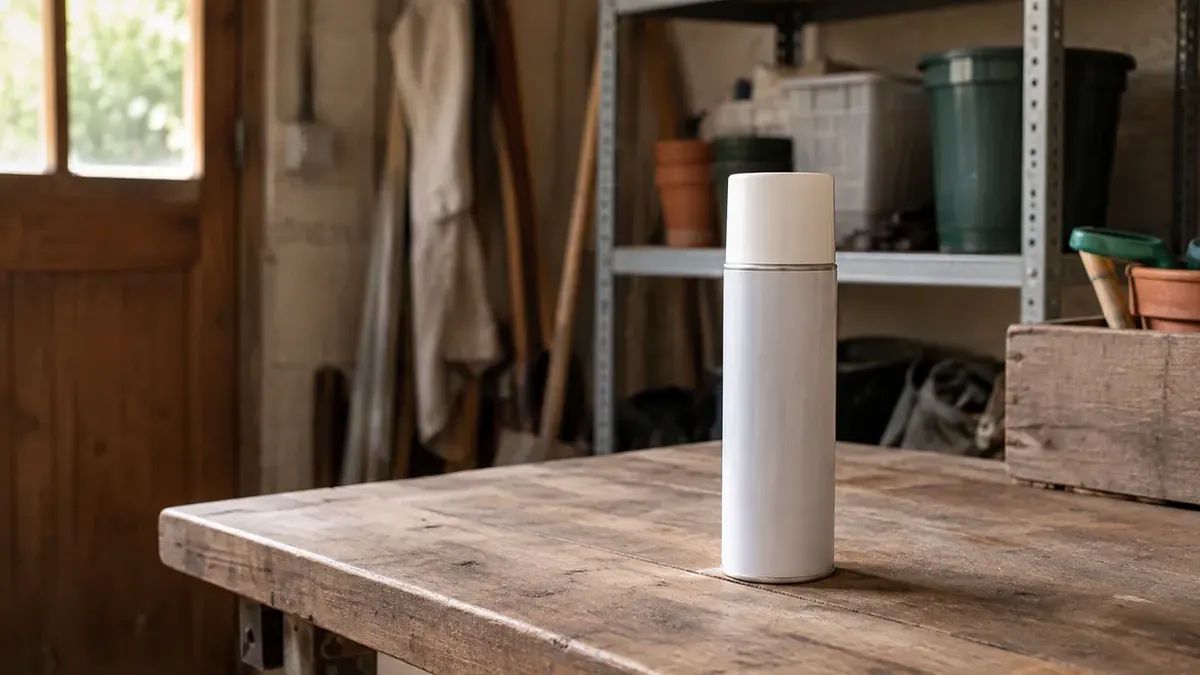 Illustration : aérosol posé sur une table en bois