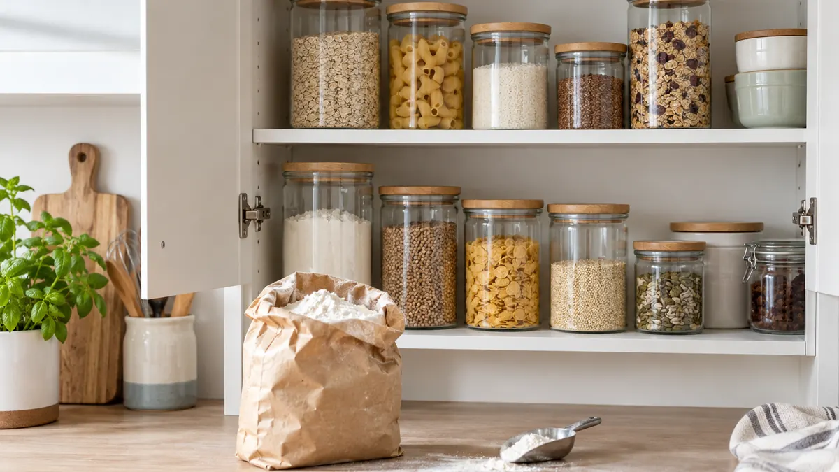 Illustration: closed jars and flour bag in a food cabinet