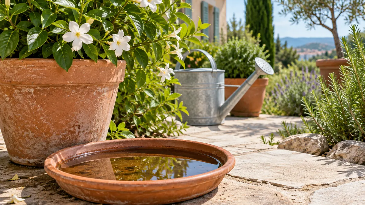 Illustration : soucoupe contenant de l’eau stagnante dans un jardin
