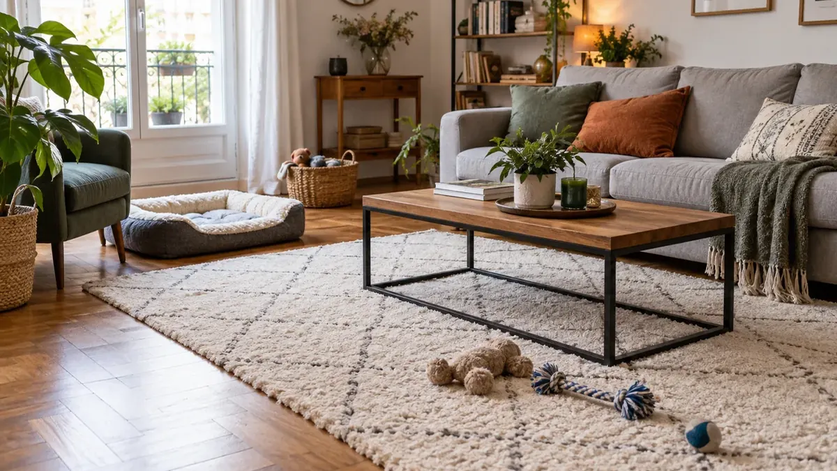 Illustration : pièce de vie avec accessoires et jouets pour chat