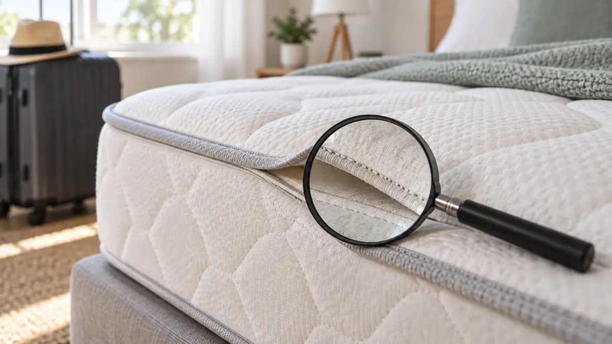 Illustration : loupe devant une couture de matelas, avec une valise dans la chambre