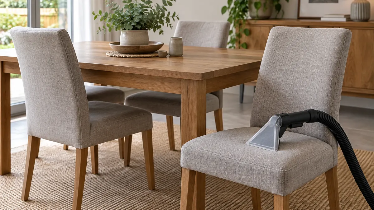 Illustration : chaises en tissu autour d’une table avec un embout de nettoyage
