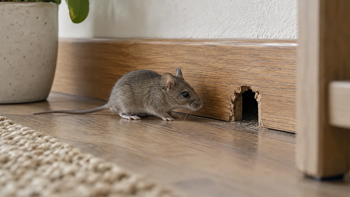 Illustration : souris près d’une ouverture au pied d’une plinthe en bois