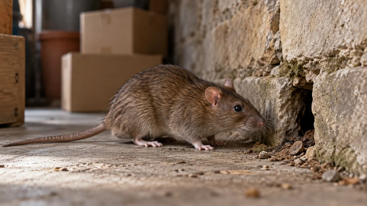 Illustration : rat près d’une ouverture au pied du mur d’une cave