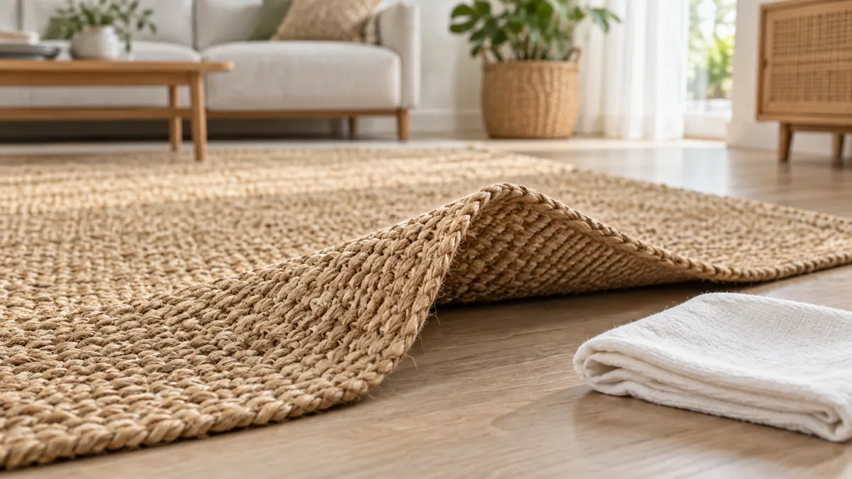 Illustration : tapis en jute tressé avec un coin relevé et un chiffon blanc sec.