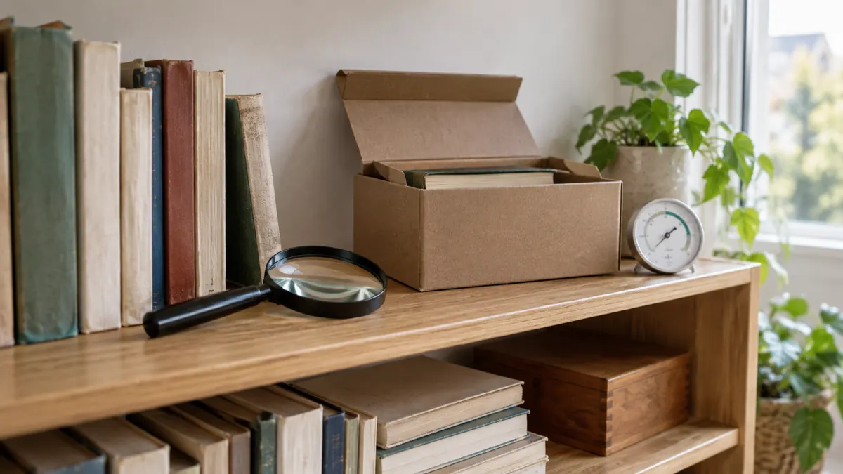 Illustration : livres et cartons sur une étagère avec loupe et hygromètre.
