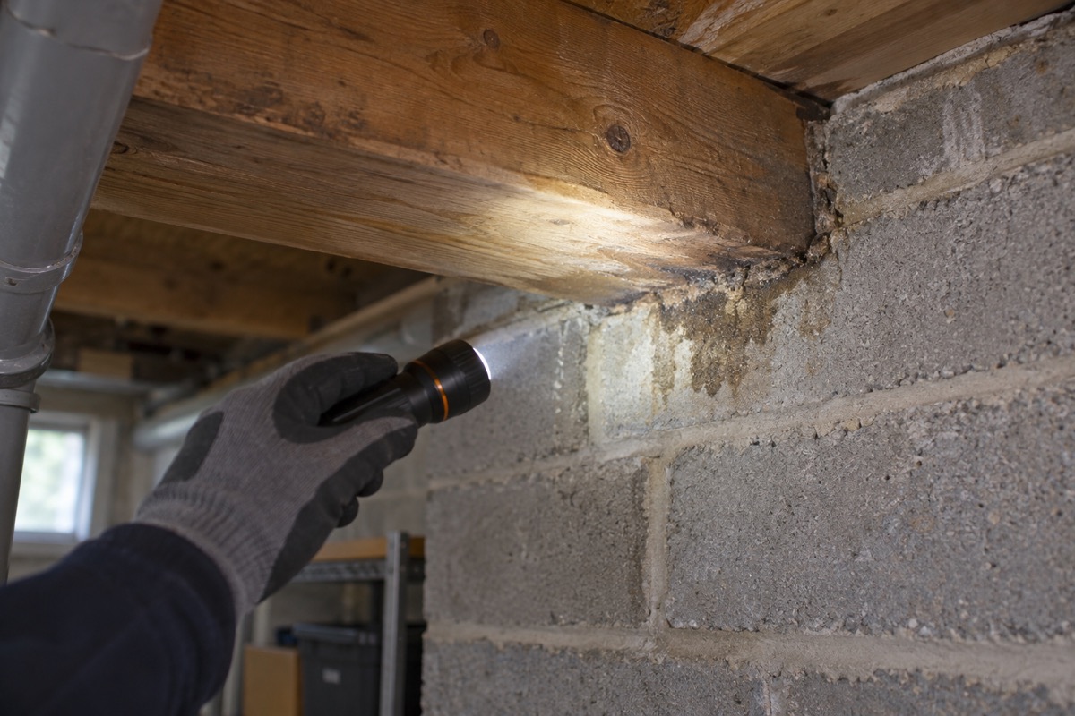 Illustration d’une inspection à la lampe de la jonction entre une poutre en bois et un mur en parpaings