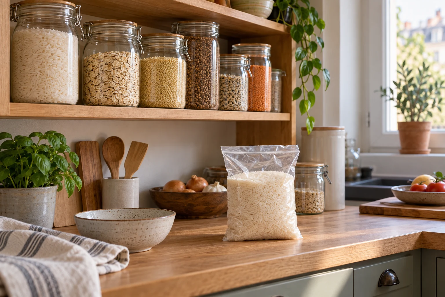 Bocaux de céréales fermés sur une étagère et sachet de riz séparé sur le plan de travail