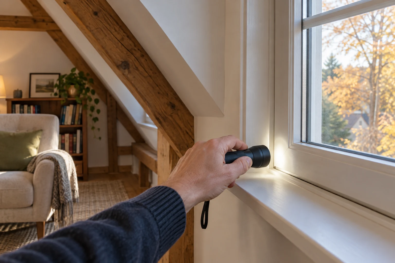 Inspection à la lampe d’un joint de fenêtre dans une pièce sous les combles