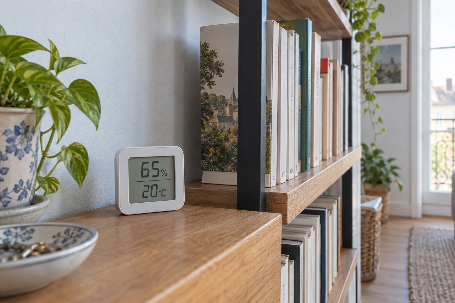 Hygromètre posé sur une étagère près de livres dans un appartement lumineux