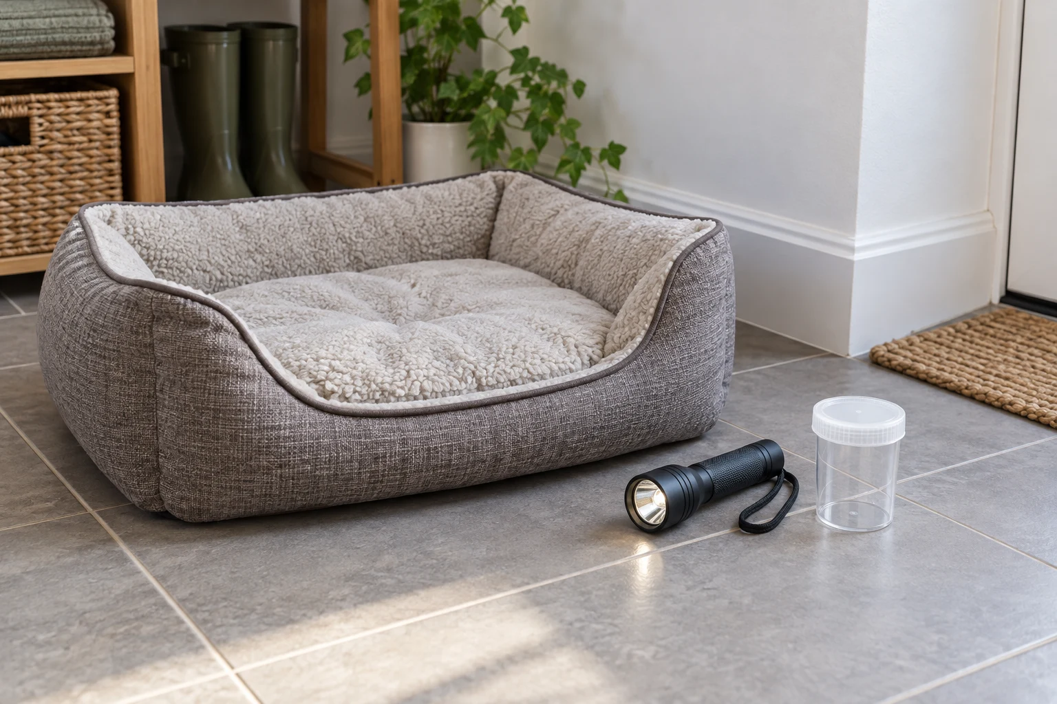 Panier de chien près d’une plinthe, avec une lampe et un récipient fermé posés sur le carrelage