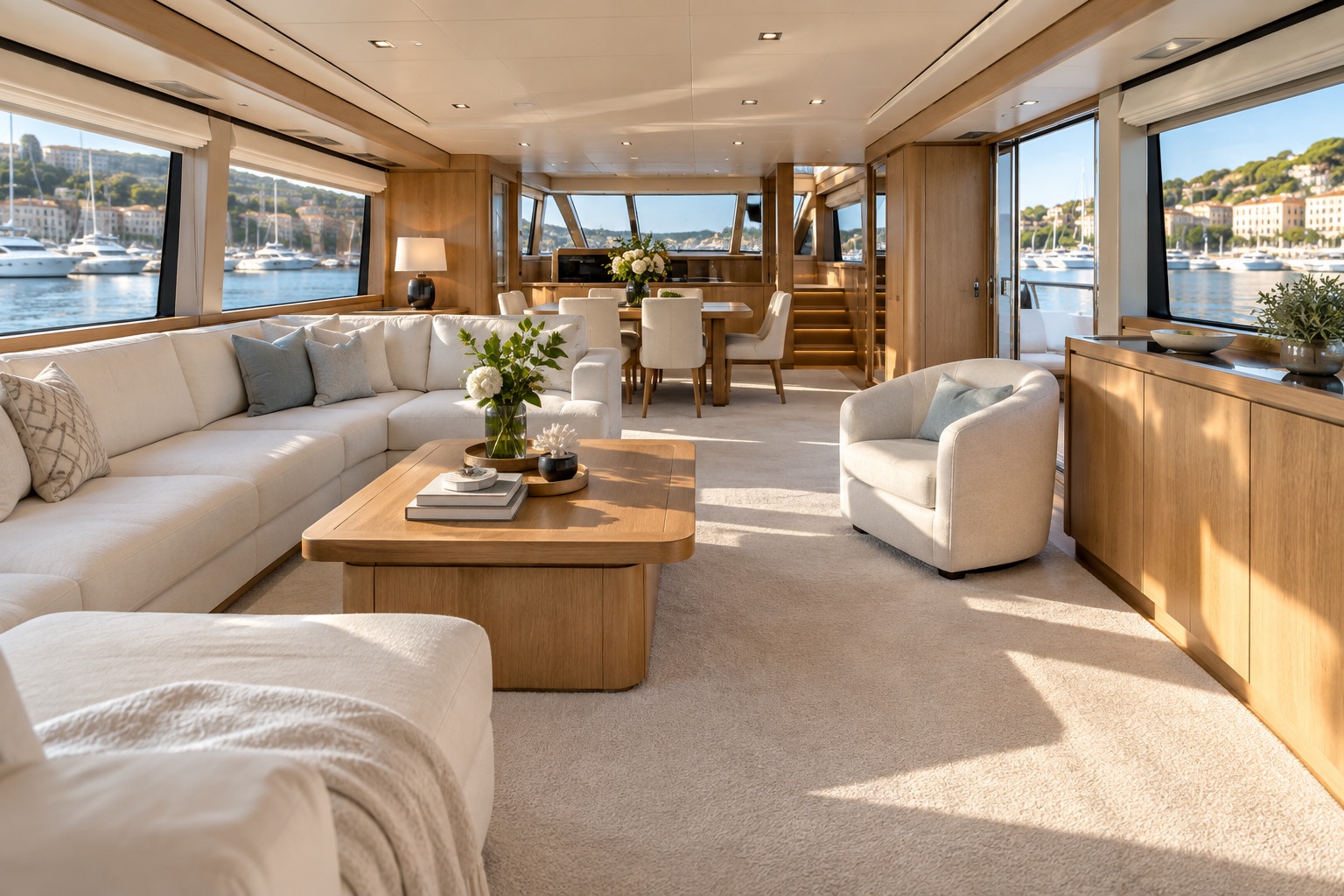 Salon de yacht avec moquette beige et passage dégagé