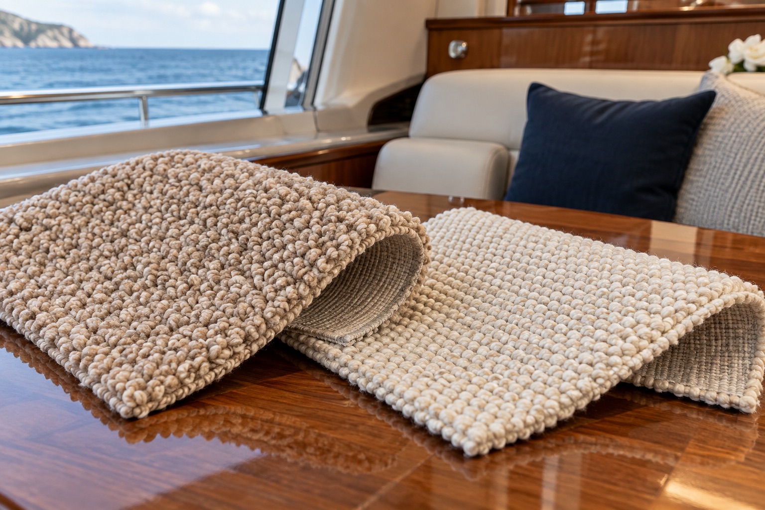 Échantillons de moquette posés sur une table de cabine
