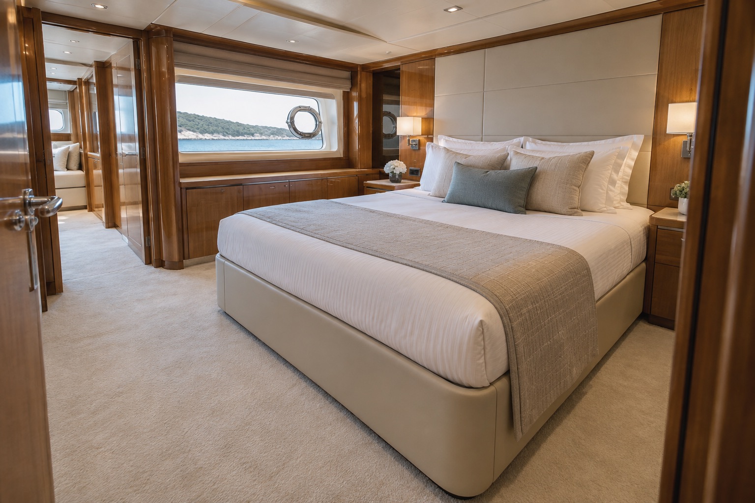 Cabine de yacht rangée avec moquette et accès dégagés