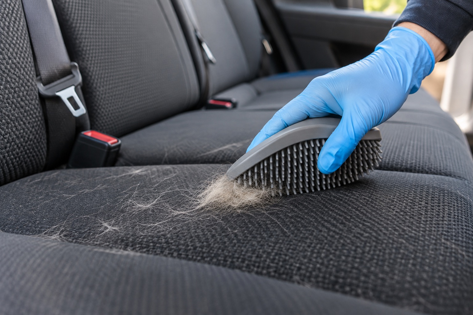 Main utilisant une brosse souple sur une assise automobile en tissu