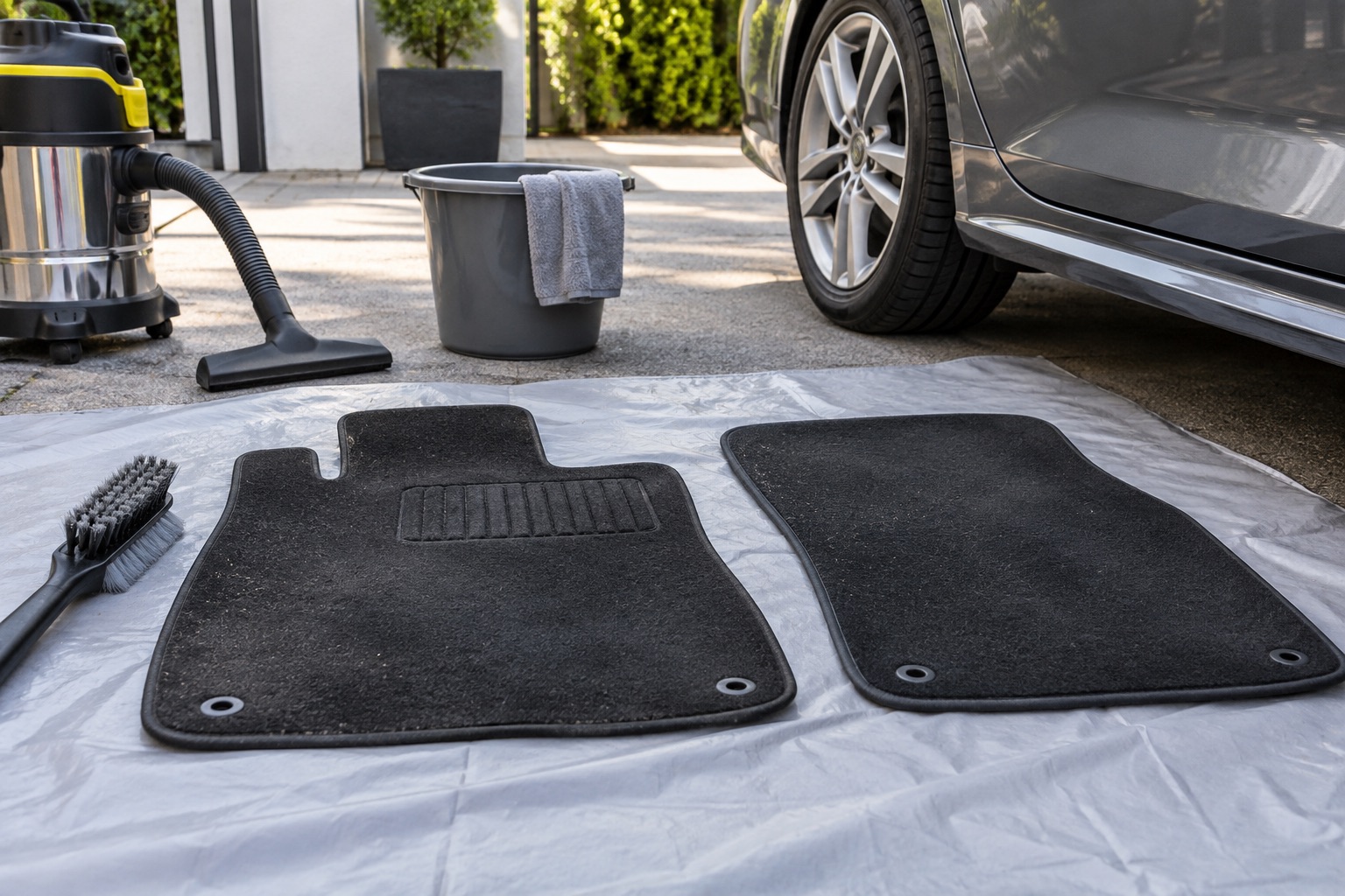 Tapis automobiles déposés séparément près d’une voiture