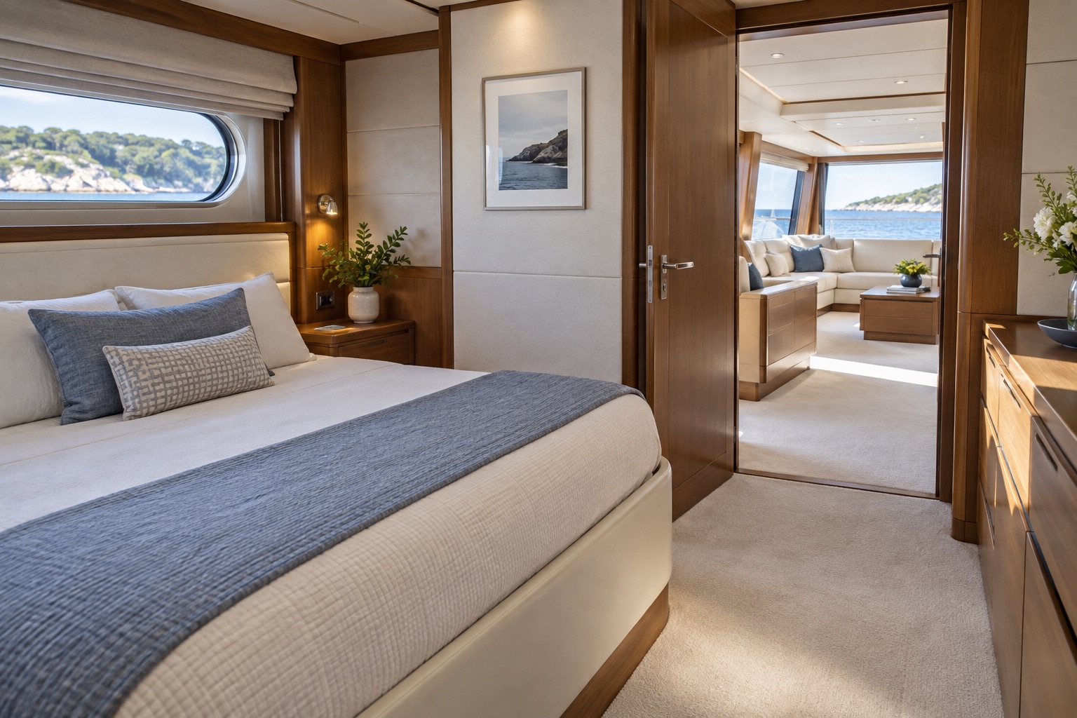 Cabine rangée et passage vers le salon d’un yacht — illustration IA