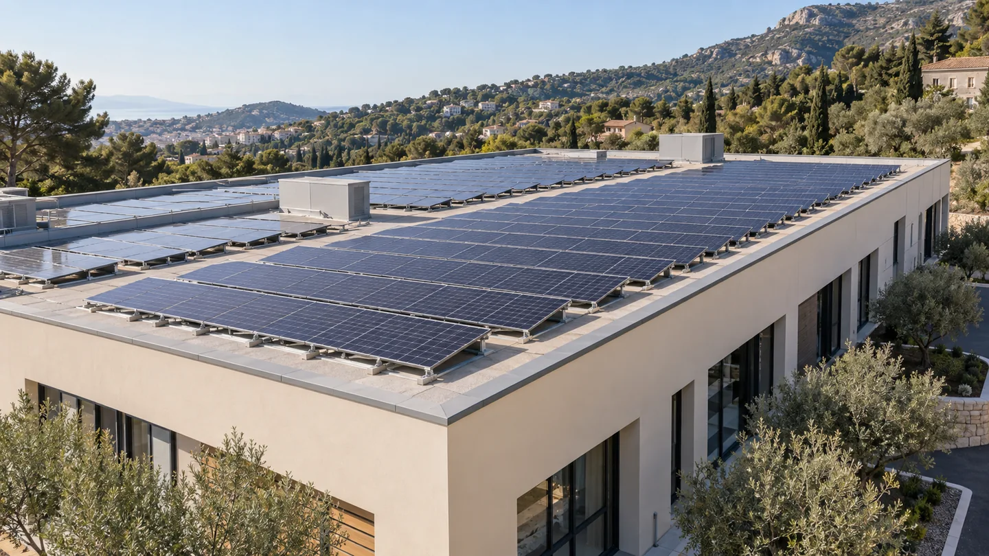 Panneaux photovoltaïques sur la toiture d’un bâtiment collectif — illustration générée