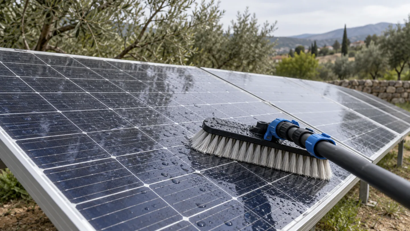 Brosse douce sur un panneau photovoltaïque humide — illustration générée