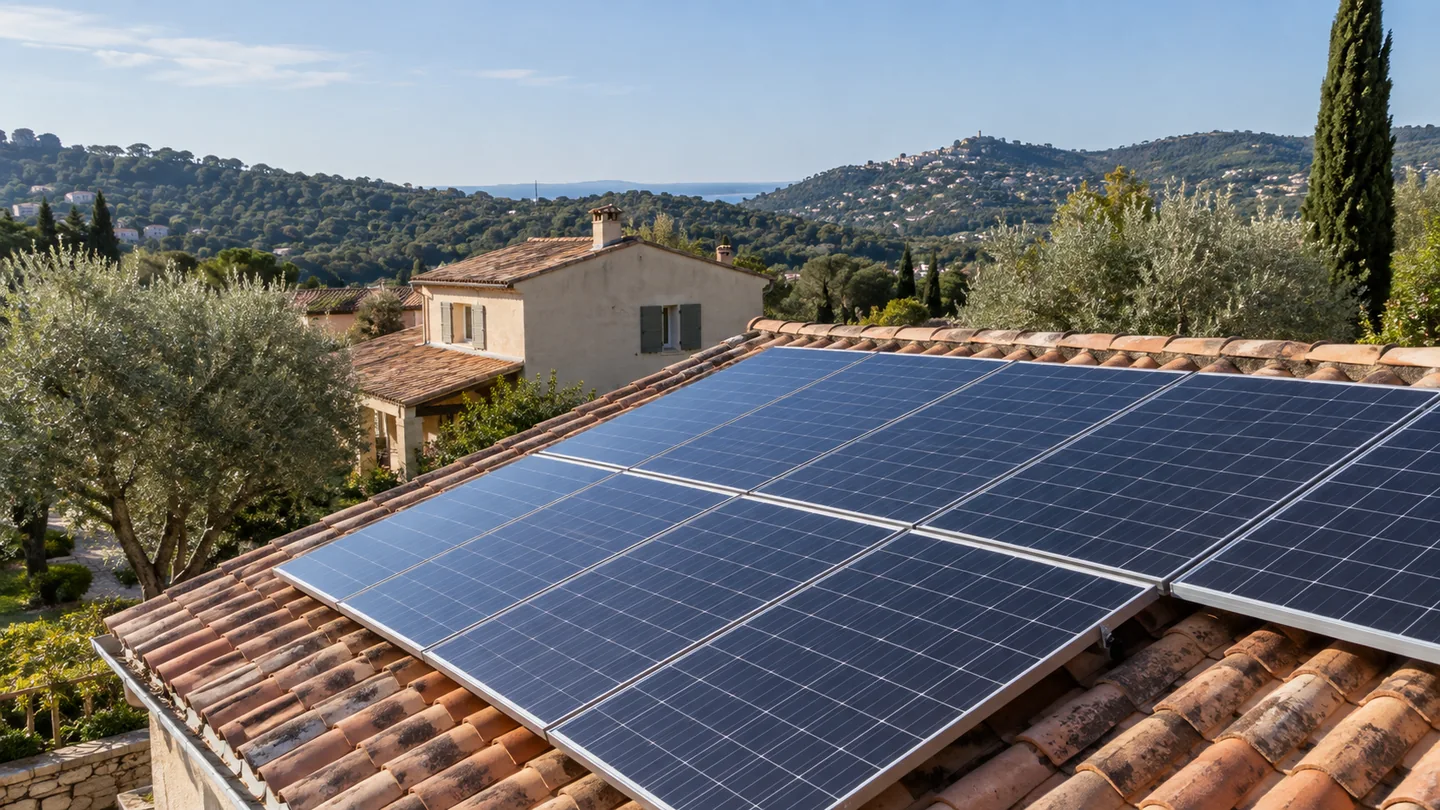 Panneaux photovoltaïques sur une toiture en tuiles dans un paysage méditerranéen — illustration générée