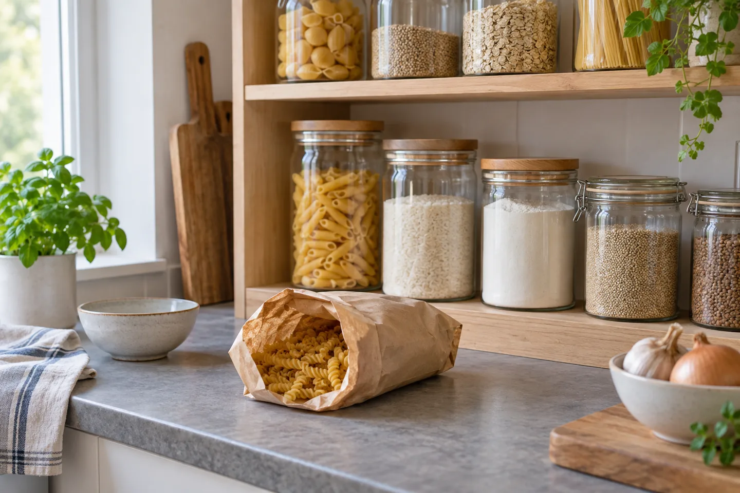 Bocaux fermés de denrées sèches et sachet séparé pour inspection dans une cuisine