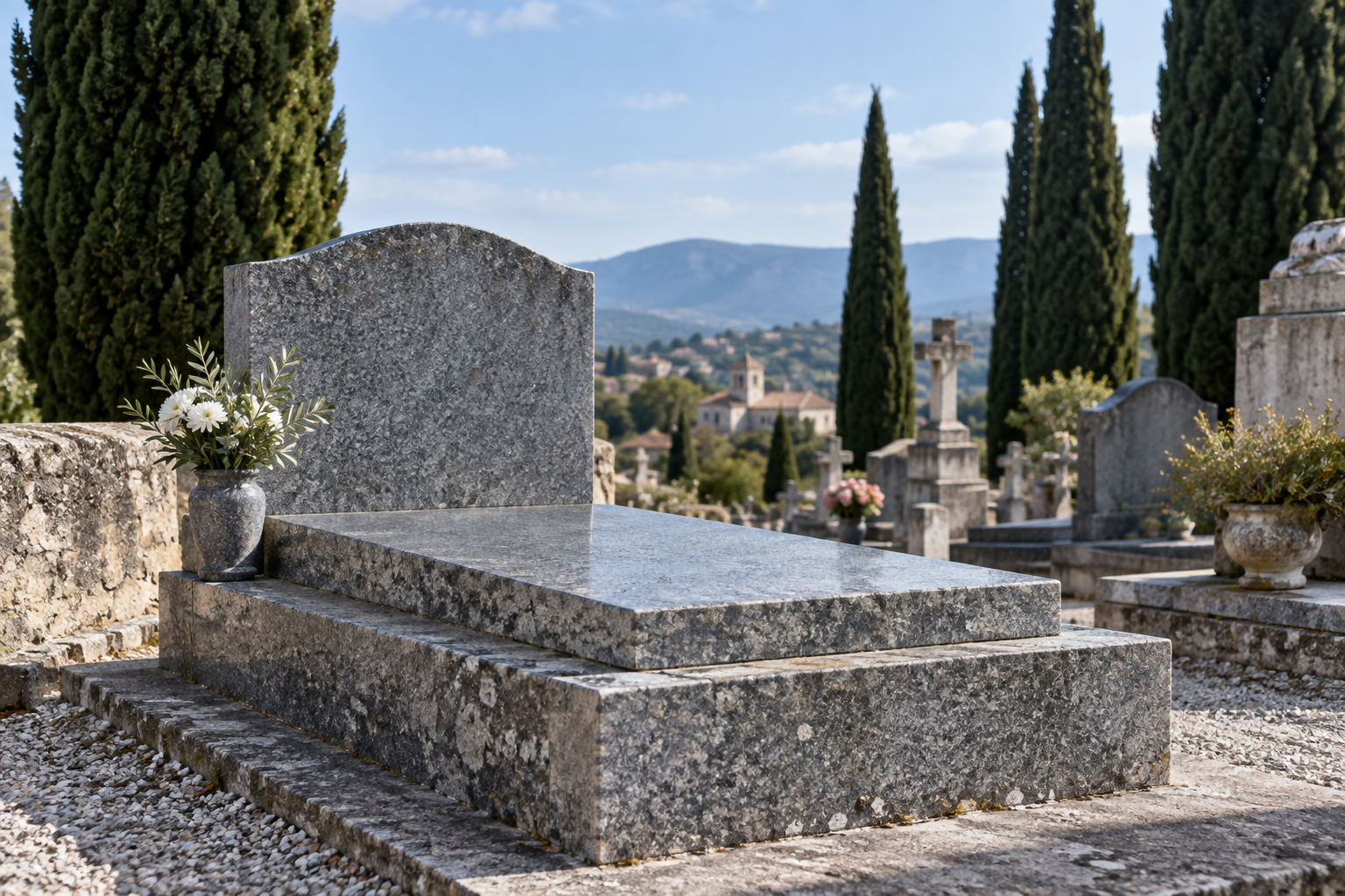 Illustration réaliste d’une pierre tombale en granit gris dans un cimetière arboré.