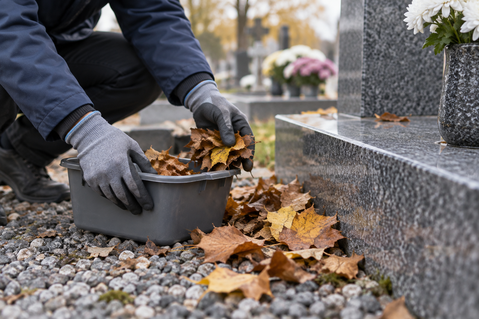 Retrait des feuilles autour de la sépulture Main ramassant des feuilles mortes sur le pourtour d’une tombe.