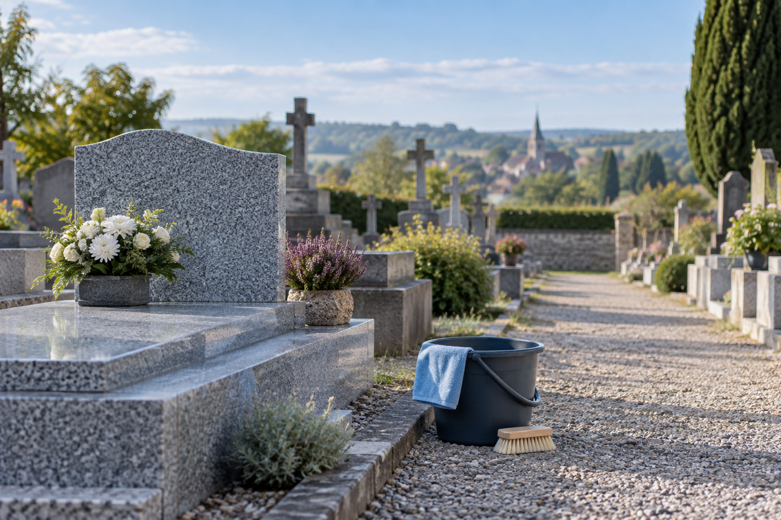 Préparer une visite au cimetière Allée calme de cimetière avec une sépulture et du matériel d’entretien discret.
