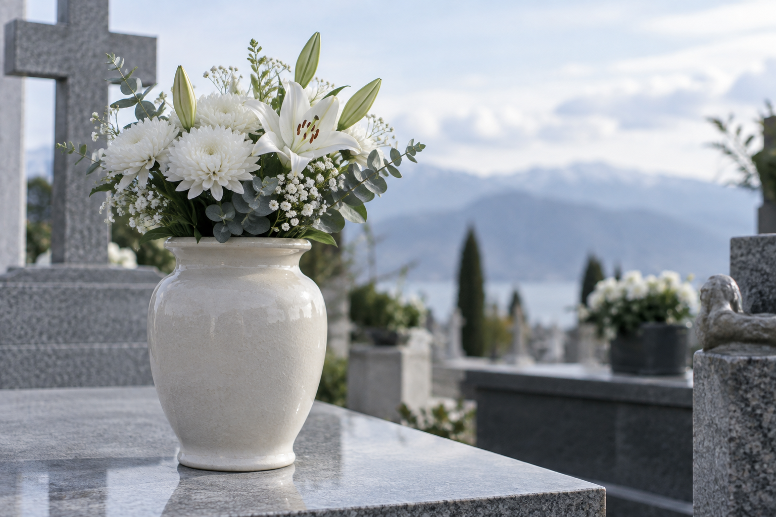 Vase funéraire en céramique avec quelques fleurs blanches.