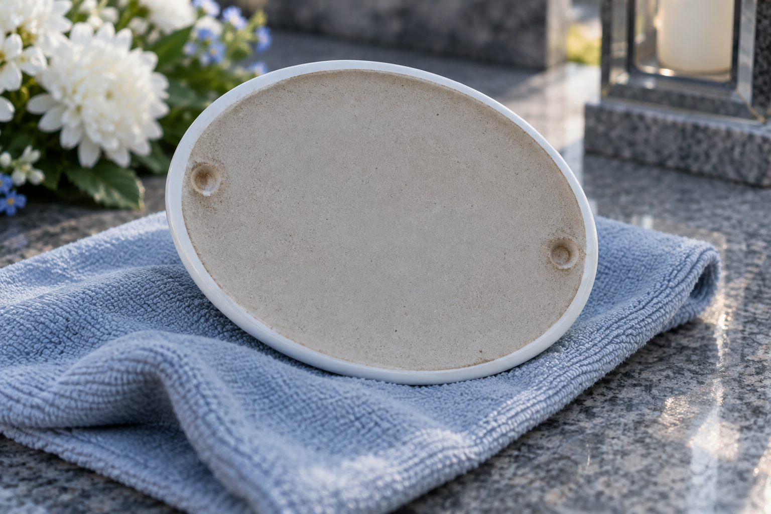 Dos et bord d’un médaillon en céramique posé sur un tissu doux.