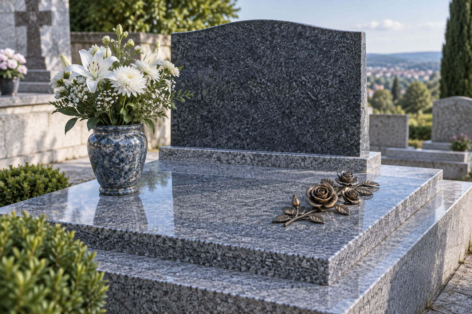 Vase, plaque et petit ornement disposés de façon ordonnée sur une sépulture.