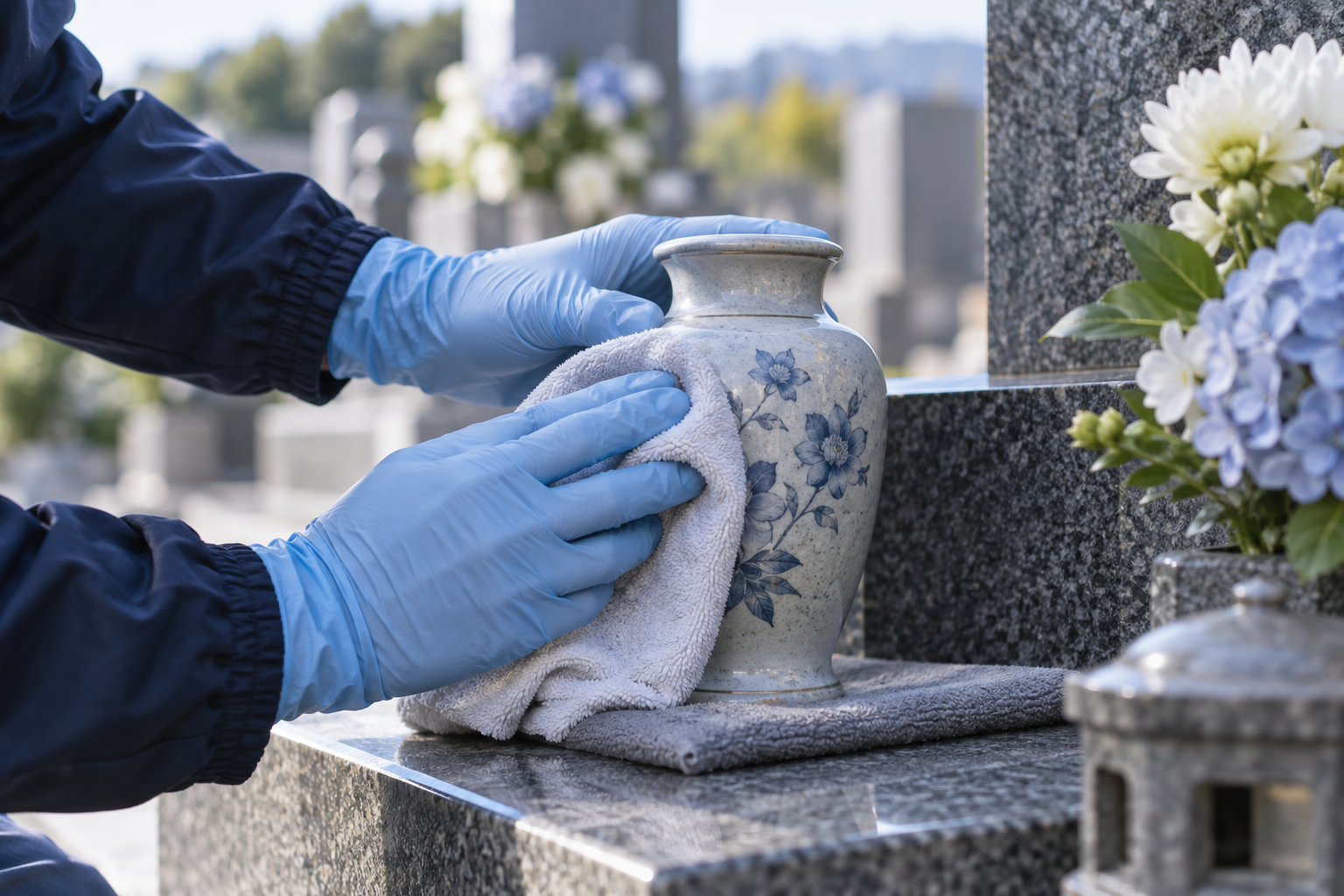 Mains gantées essuyant l’extérieur d’un vase en céramique avec un chiffon doux.