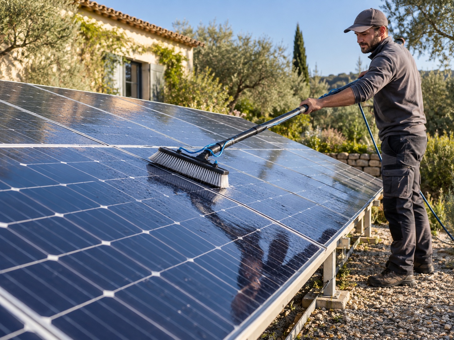 Visuel illustratif : nettoyage de panneaux photovoltaïques avec une brosse adaptée