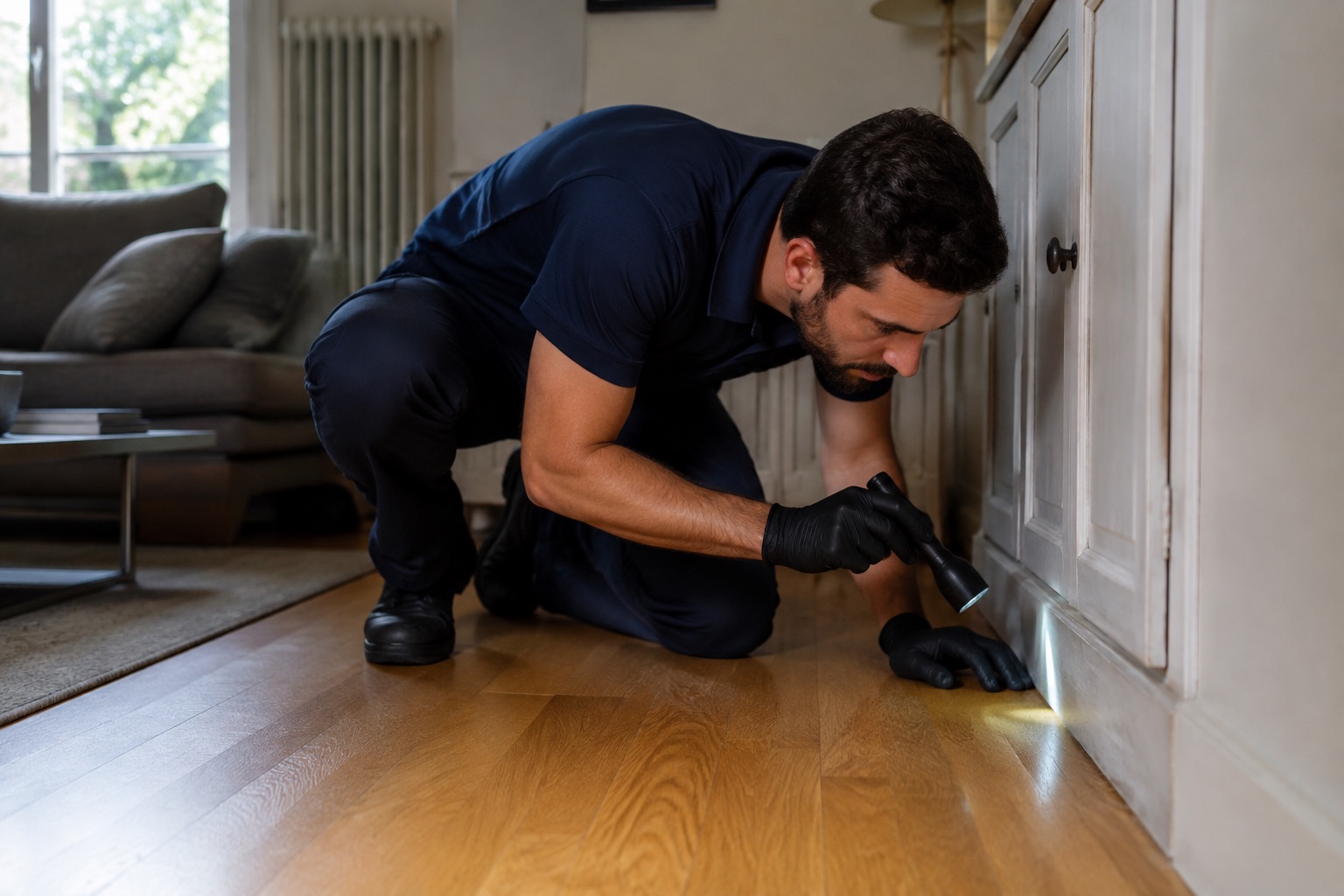 Technicien inspectant les fentes d’un parquet à la lampe