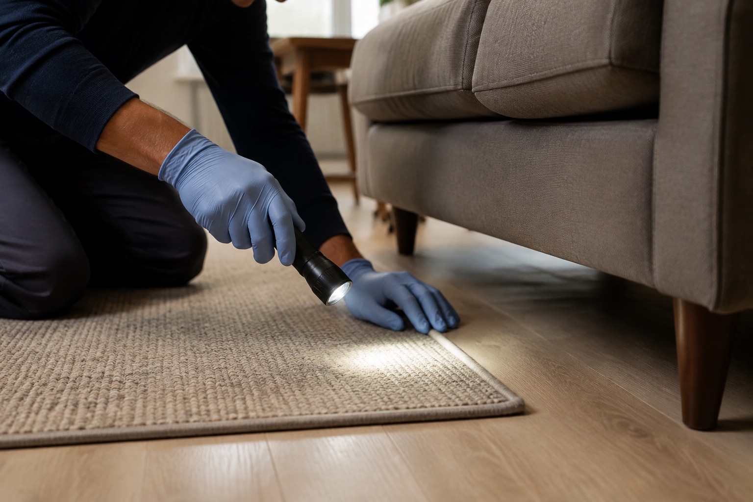 Inspection d’un bord de tapis et des pieds du mobilier