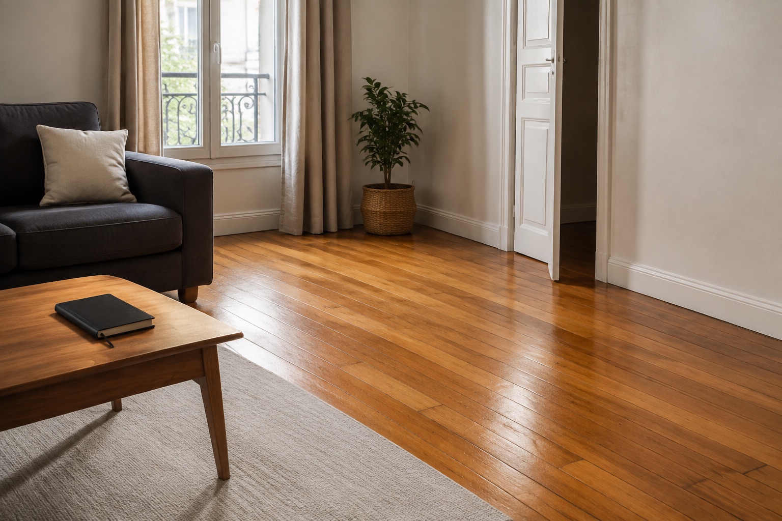 Pièce rangée après préparation, parquet et plinthes accessibles