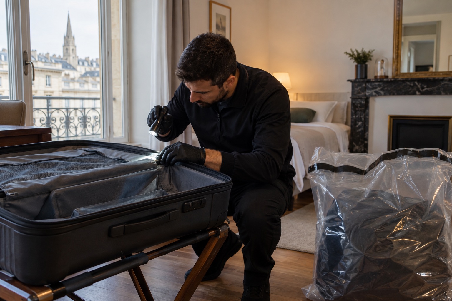 Inspection des coutures d’une valise posée sur un support