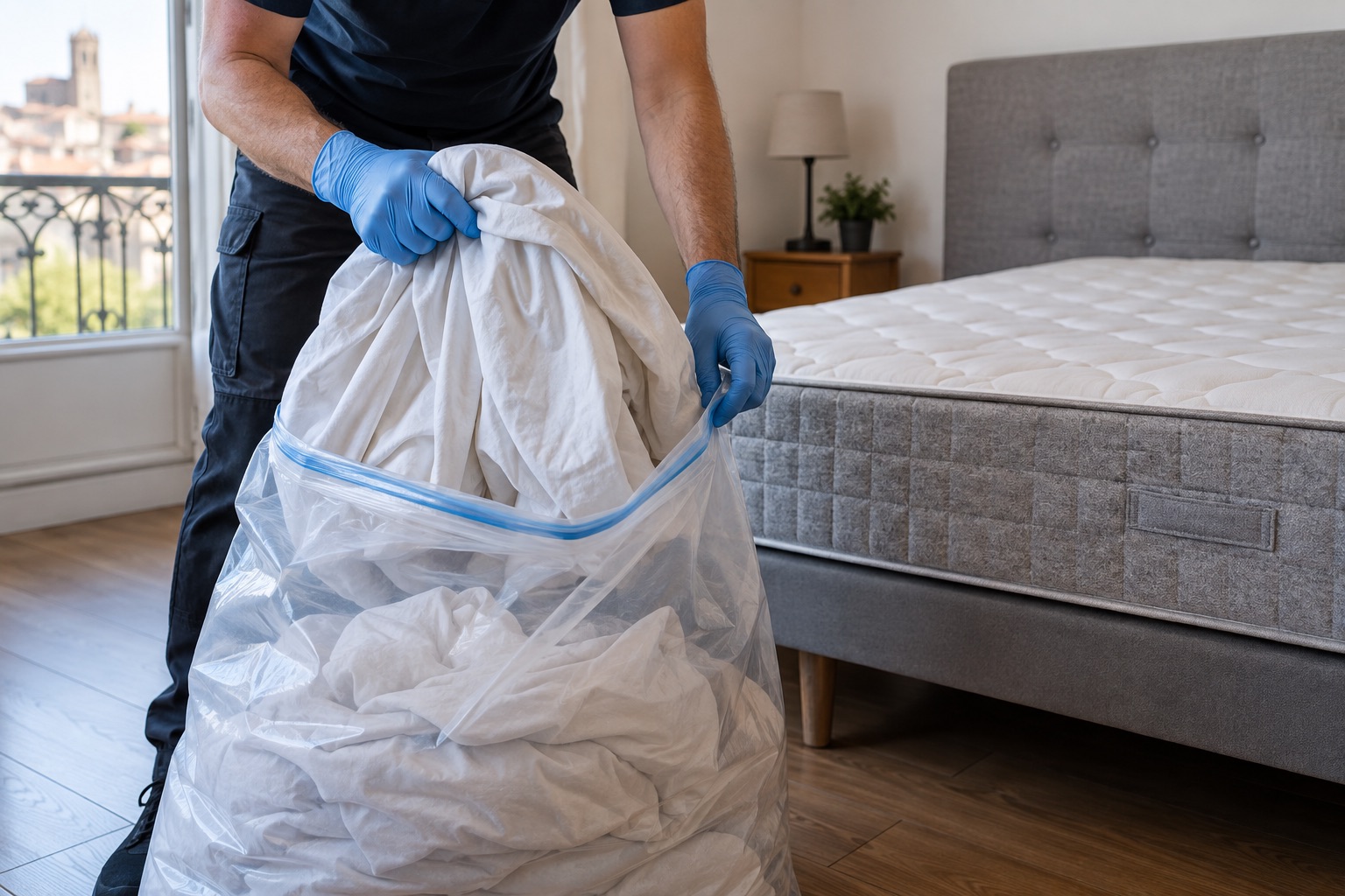 Préparation de draps dans un sac fermé près d’un lit accessible