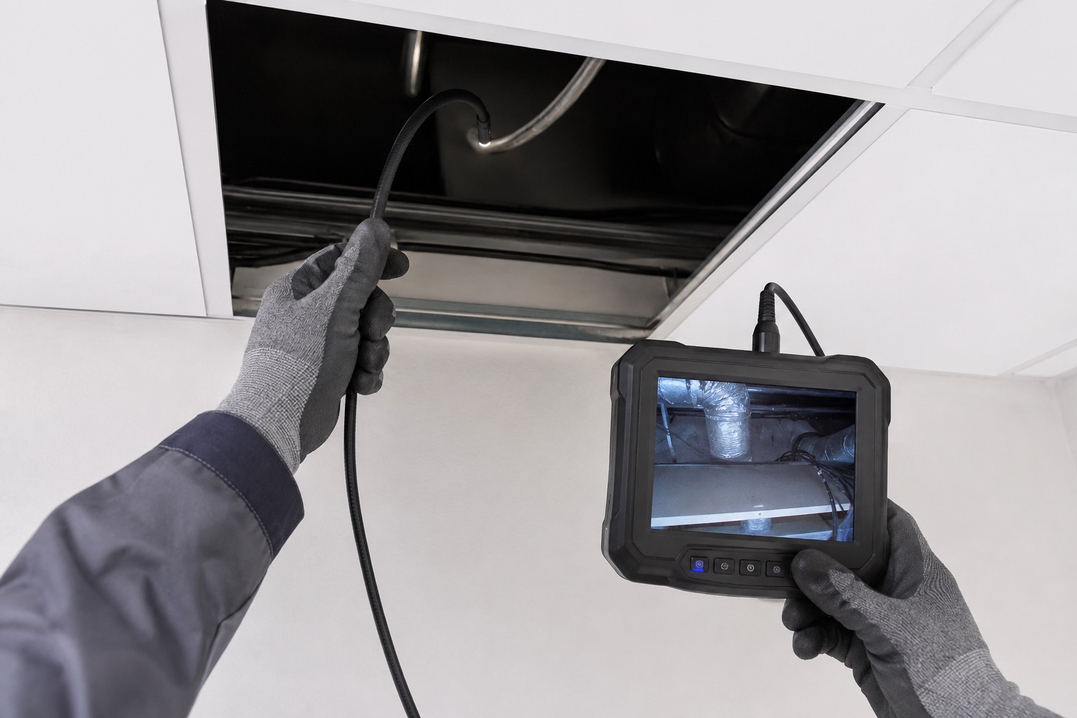Mains gantées utilisant une caméra d’inspection à proximité d’une trappe