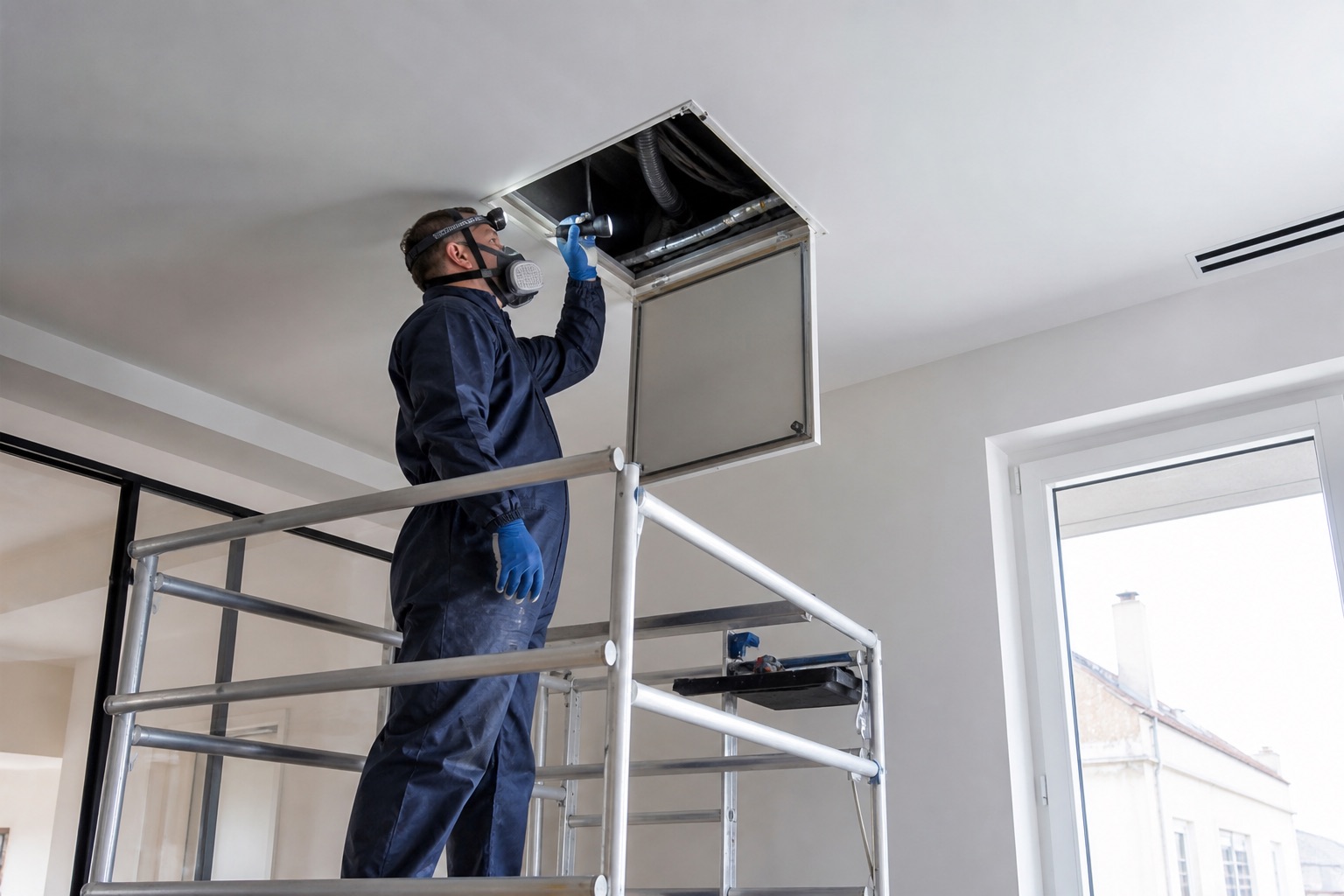 Technicien inspectant une trappe de faux plafond depuis une plateforme sécurisée