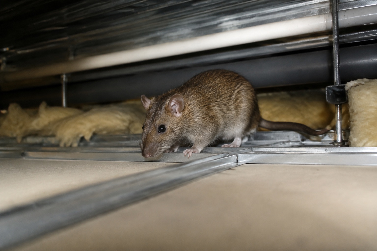Rat brun dans un vide technique au-dessus d’un faux plafond