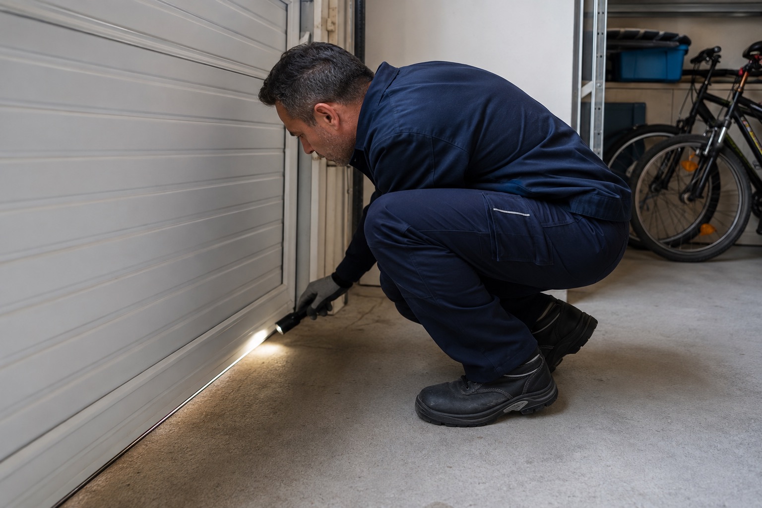 Inspection du bas d’une porte de garage par un technicien