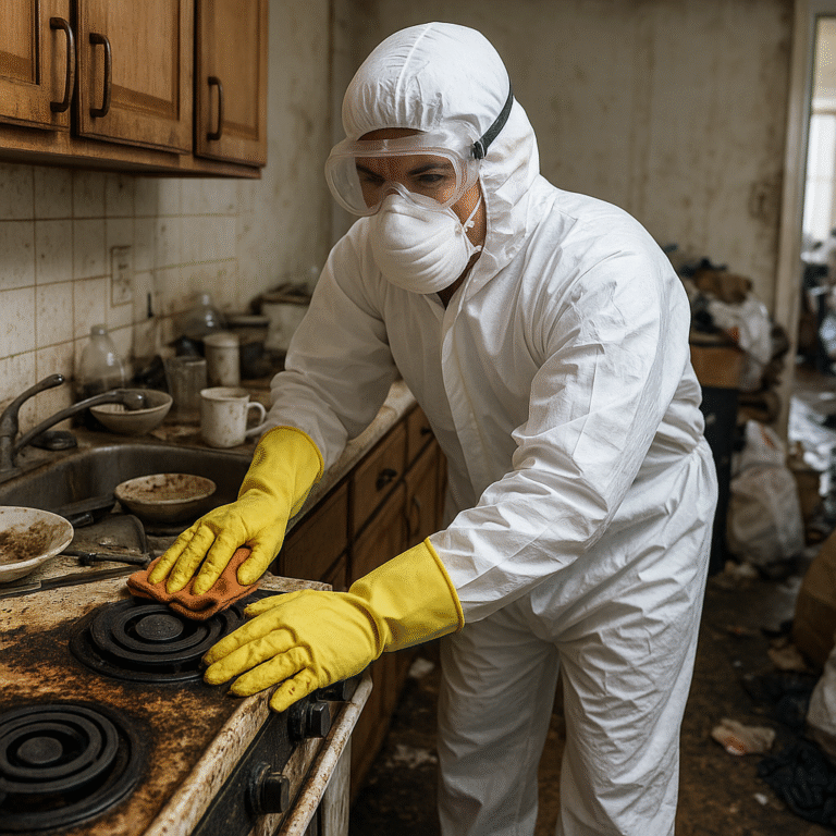 Technicien Speed 3D Services effectuant un nettoyage extrême dans une cuisine insalubre, portant une combinaison de protection, des gants jaunes et un masque, en région Rhône-Alpes.