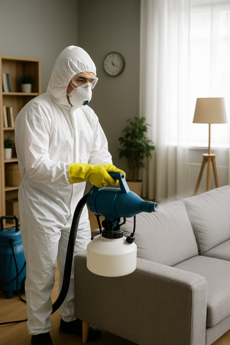 Technicien Speed 3D Services effectuant une désinfection complète d’un salon professionnel avec pulvérisateur industriel, portant une combinaison de protection blanche et des gants jaunes.