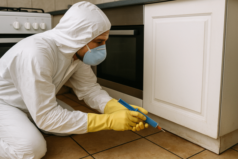 Technicien Speed 3D Services appliquant un gel insecticide sous une cuisine à Lyon pour éliminer les cafards.