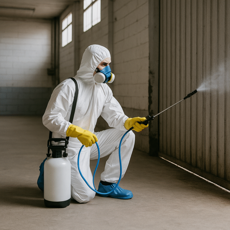 Technicien Speed 3D Services effectuant un traitement anti-moustiques et mouches dans un entrepôt industriel à Grenoble avec pulvérisateur professionnel.