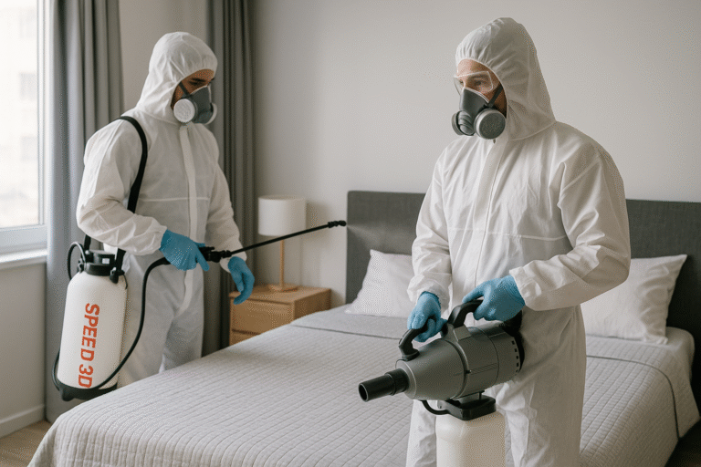 Deux techniciens Speed 3D Services en combinaison blanche effectuant un traitement complet de désinsectisation dans une chambre à Grenoble.