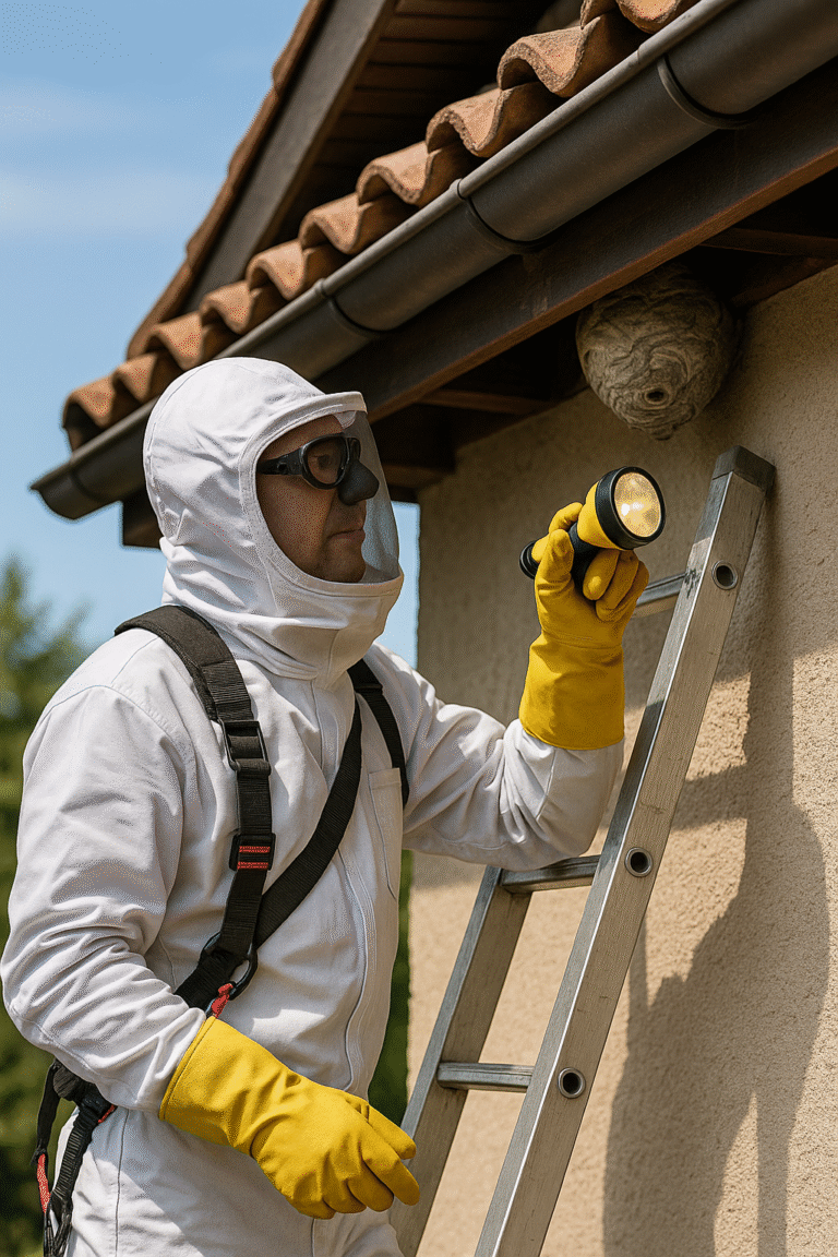Technicien Speed 3D Services examinant un nid de guêpes sous une toiture à Lyon avec équipement de protection.