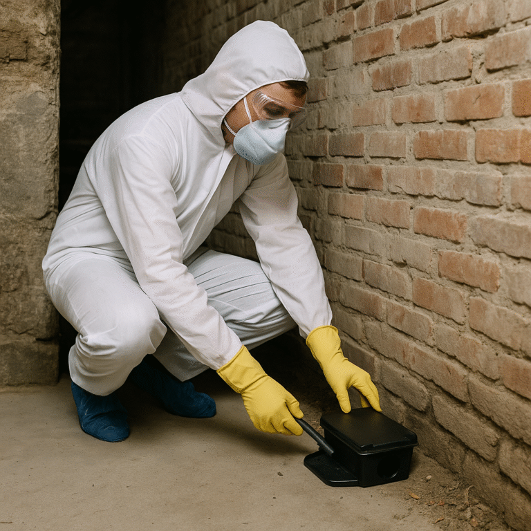 Spécialiste Speed 3D Services posant un piège à rongeurs dans une cave à Lyon pour une opération de dératisation.